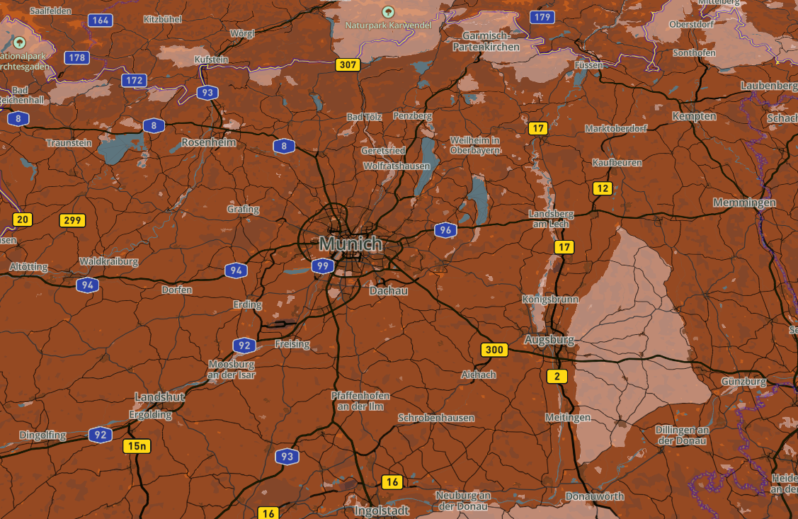 overview map view of Munich with earthly tones